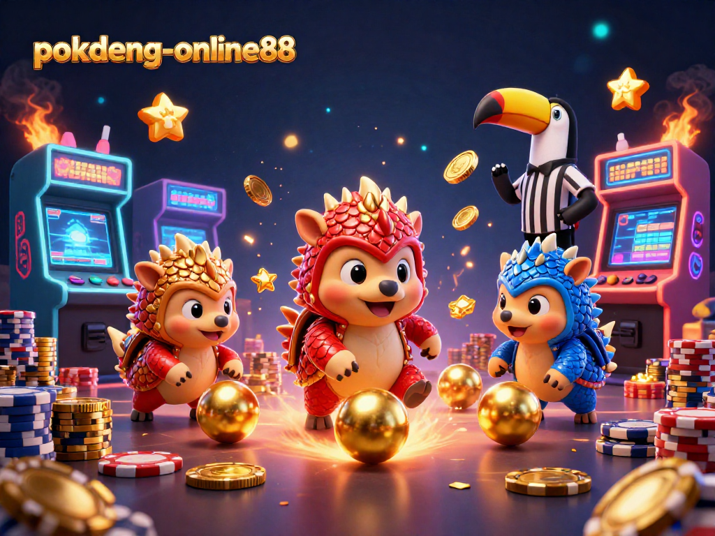Rival pangolins playfully engage in Pok Deng at pokdeng-online88, surrounded by vibrant casino elements.