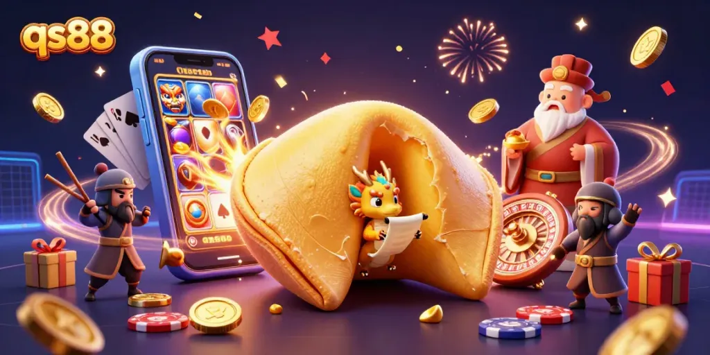 Experience excitement with qs88, featuring a vibrant 3D casino scene with games and tokens.