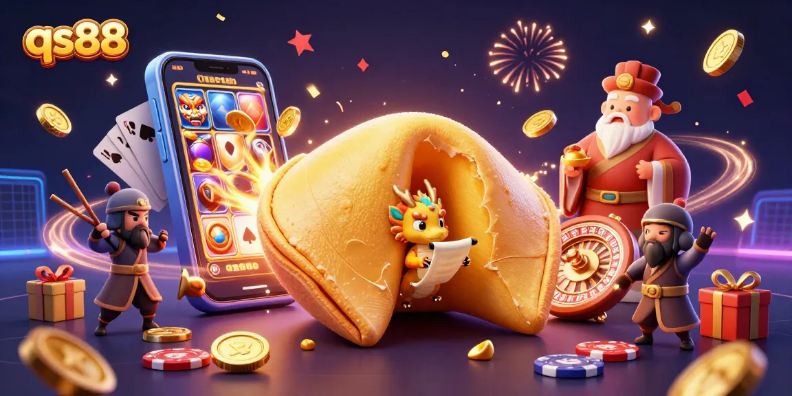 Experience excitement with qs88, featuring a vibrant 3D casino scene with games and tokens.