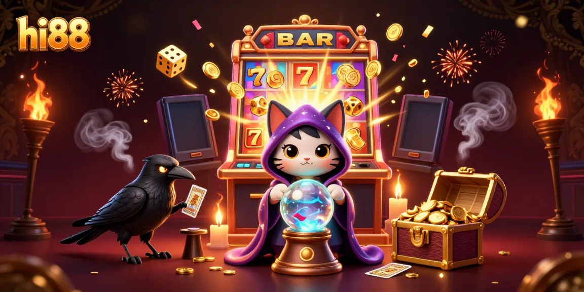 Experience thrilling winnings at hi88 with vibrant slot machine animations and enchanting fortune teller characters.