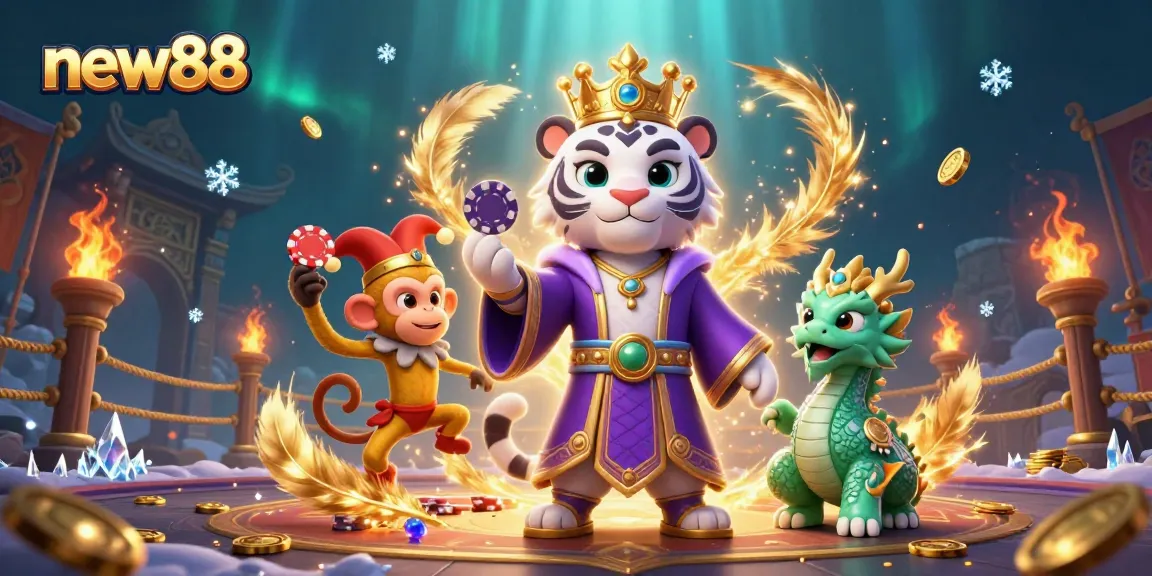 Experience the thrilling world of new88 with a charismatic white tiger and playful monkey in a vibrant casino setting.