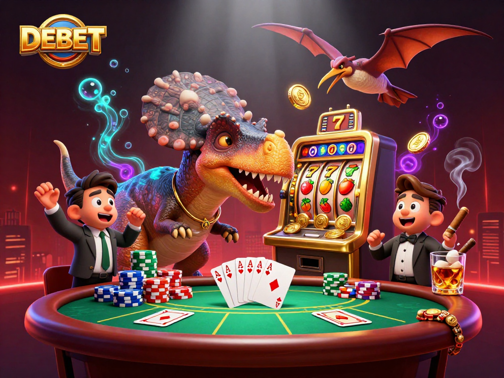 DEBET casino illustration with dynamic characters and vibrant games, showcasing jackpot action and excitement.