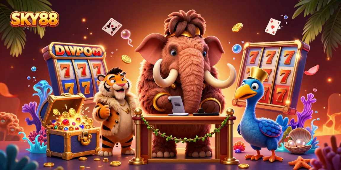 Engage with SKY88 at a vibrant casino scene featuring unique characters, slot reels, and treasures.