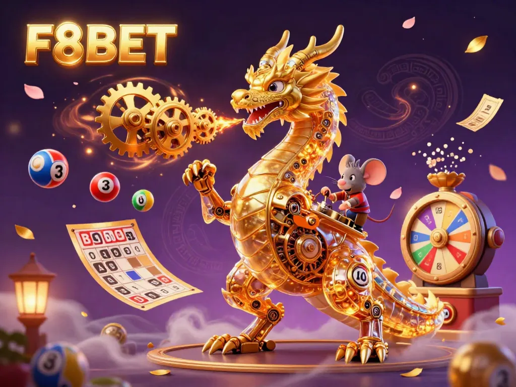 Experience the thrill of F8BET with a captivating 3D dragon and gold gears in a vibrant casino setting.