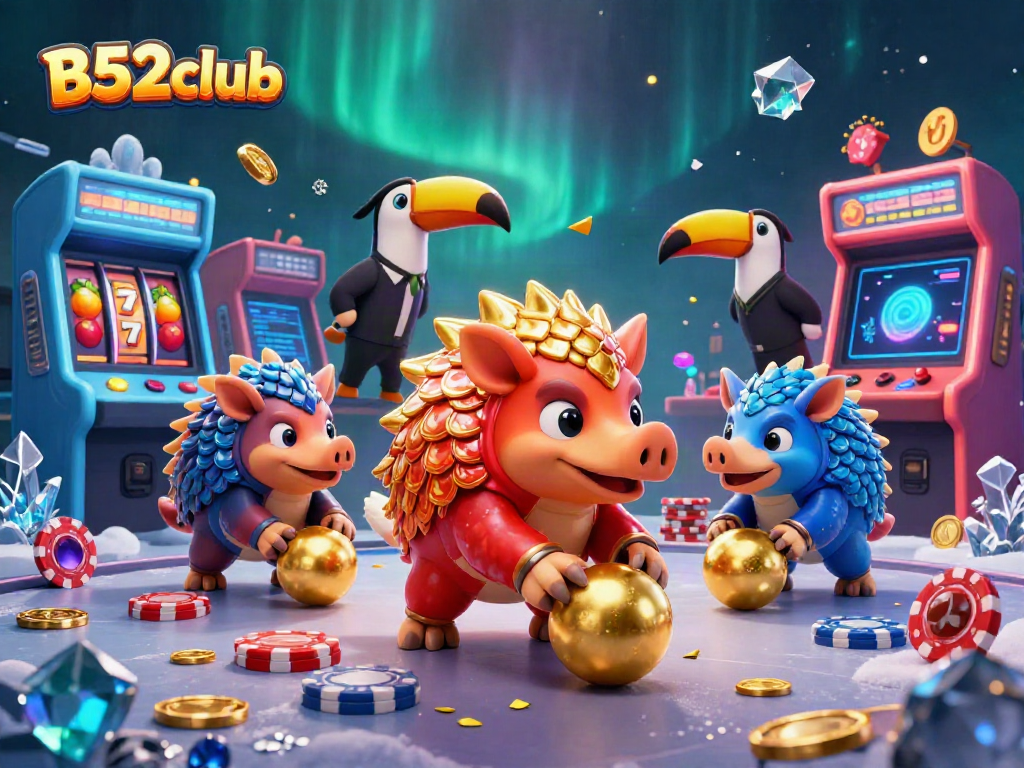 B52club pangolins battle in a colorful casino scene with poker chips and slot elements.
