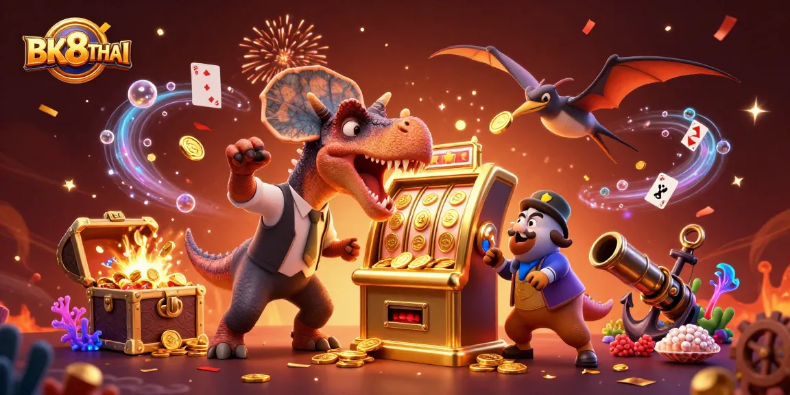 CK8THAI slots scene with dinosaur animations, jackpot wins, and gold coins flying in chaos.