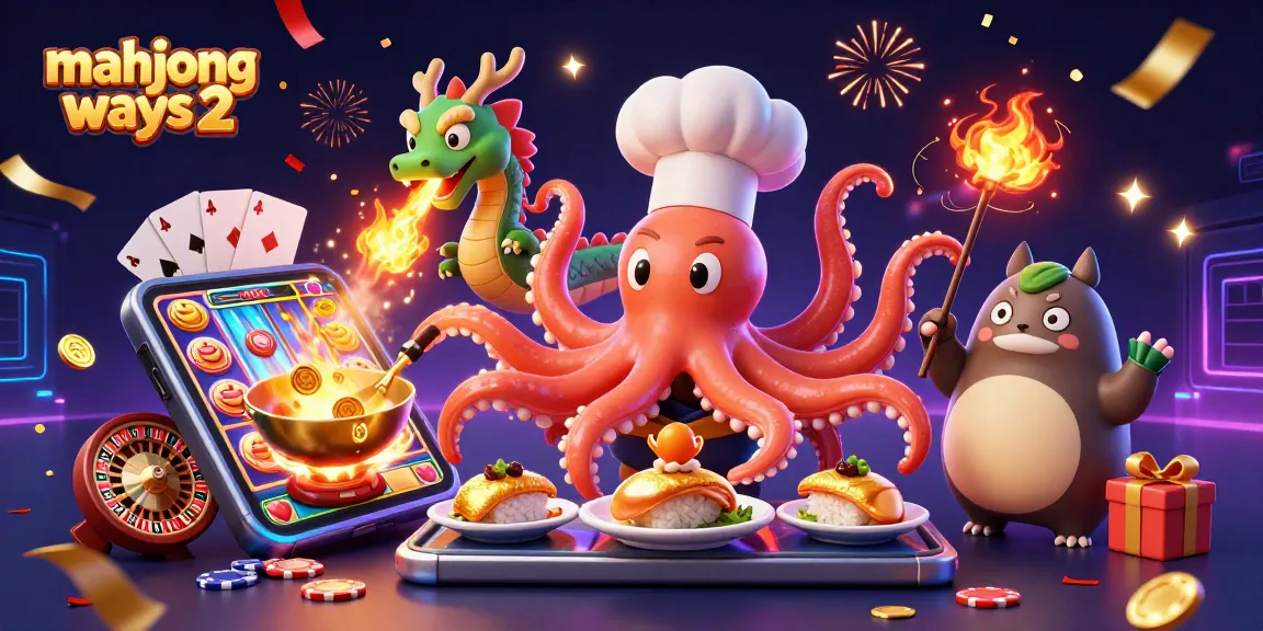 A thrilling scene with mahjong ways 2 featuring a sushi chef octopus, fiery dragon, and tanuki customer amidst casino elements.