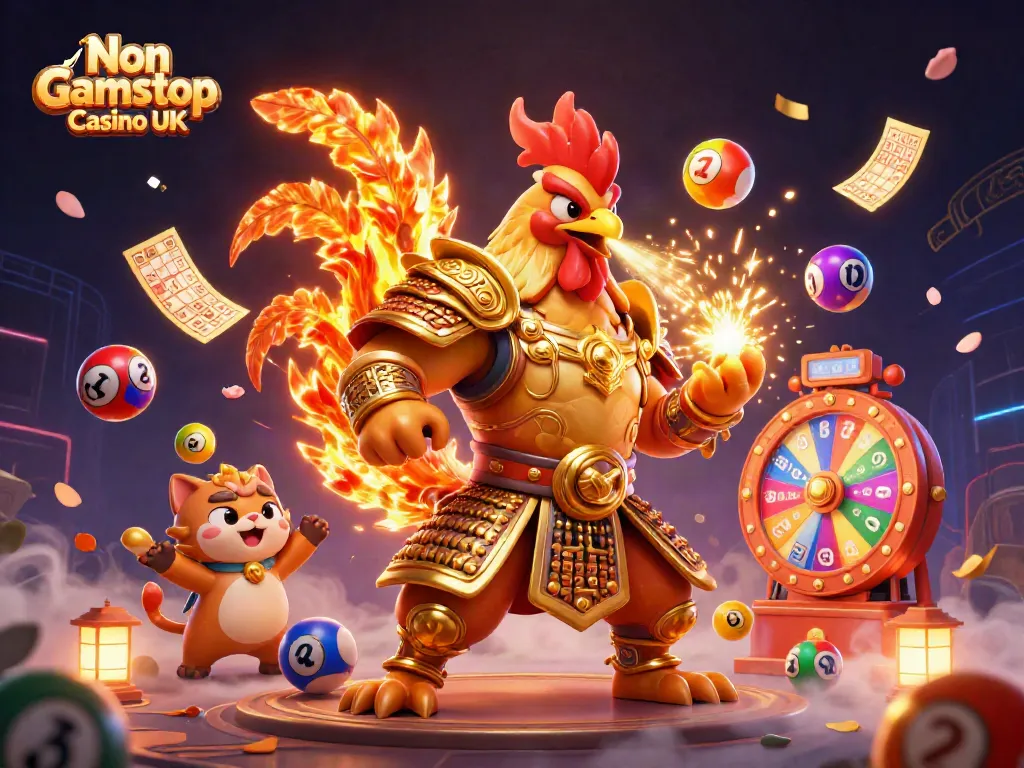 Engaging visual of Non Gamstop Casino UK showcasing a fiery rooster and dragon amidst vibrant gambling elements.