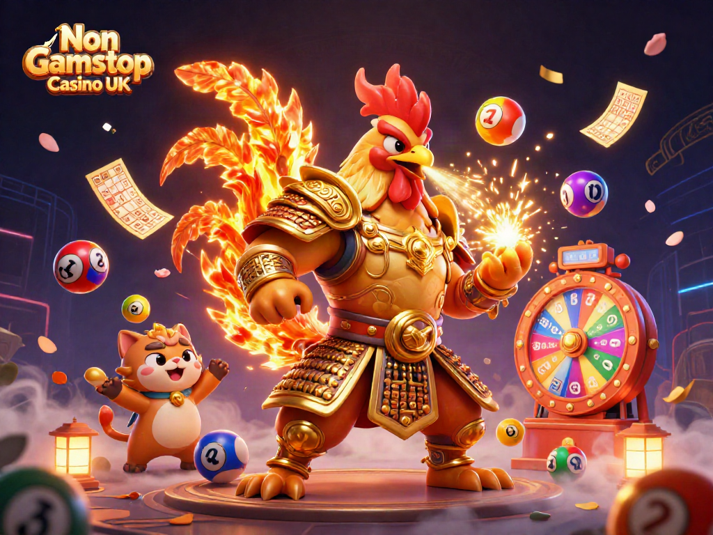 Engaging visual of Non Gamstop Casino UK showcasing a fiery rooster and dragon amidst vibrant gambling elements.
