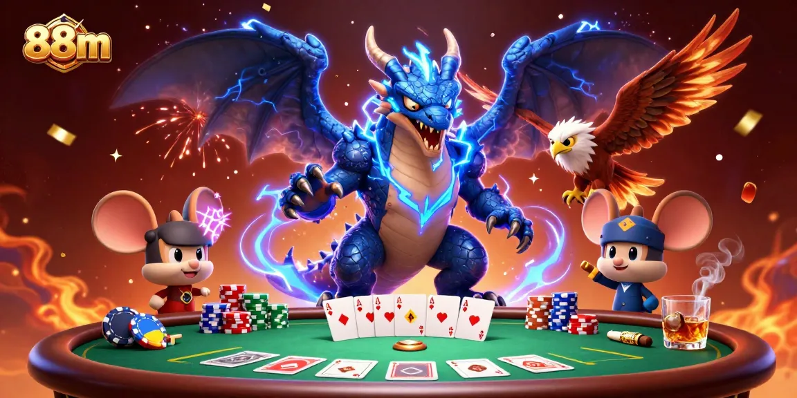 Engage with 88m's thrilling poker scene showcasing vibrant characters and dynamic gaming elements.