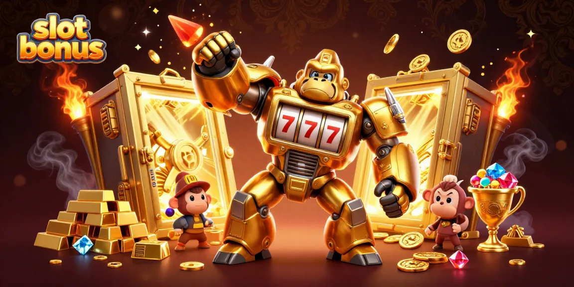 Menangkan slot bonus dengan ilustrasi gorila emas bermesin slot dan pilot monyet.