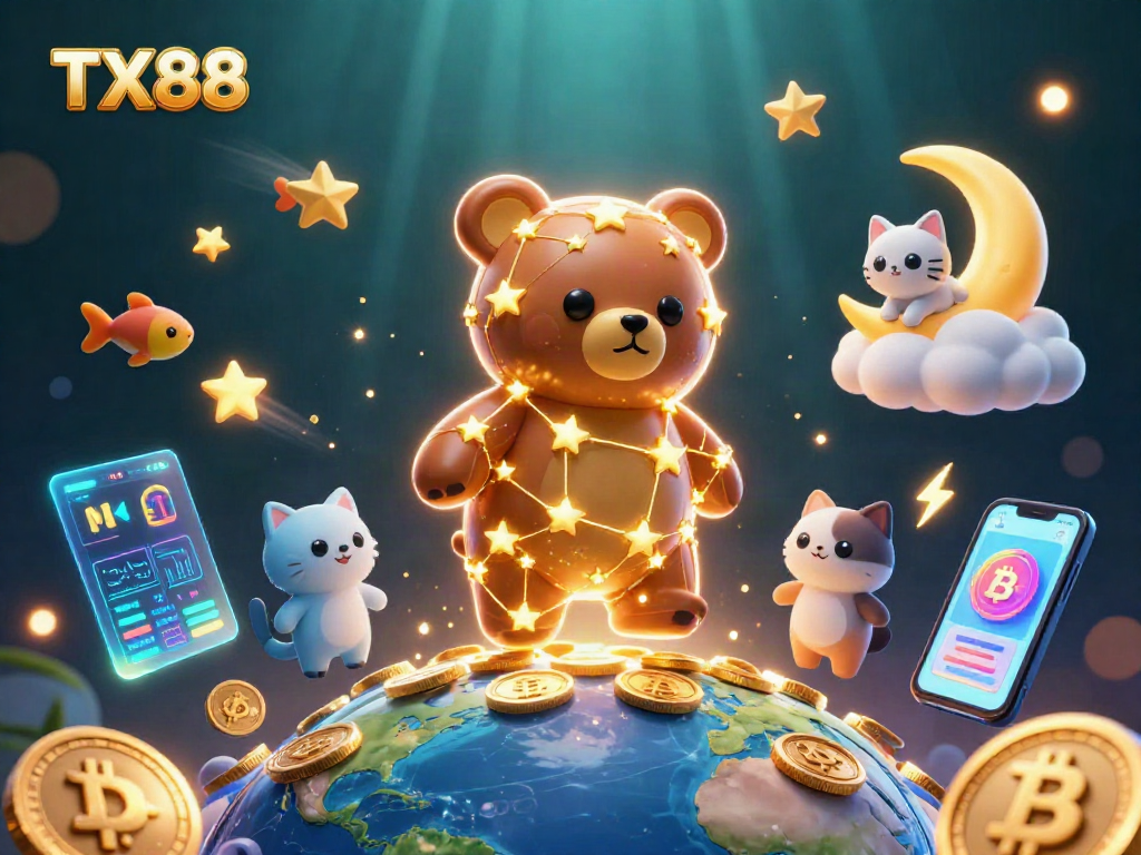 Experience the thrill of TX88 in a vibrant casino scene, with a constellation bear collecting golden coins.