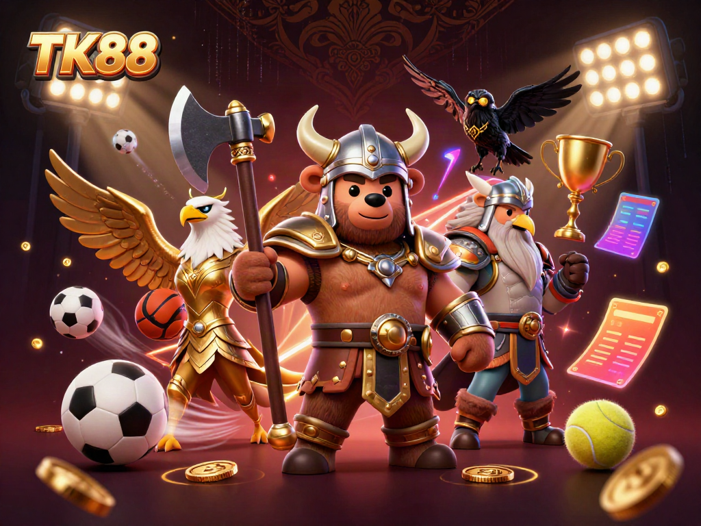 Engage with TK88's dynamic casino scene featuring a Viking bear, Valkyrie eagle, and exciting game elements.