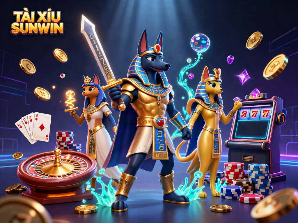 TÀI XỈU SUNWIN captures the thrill of ancient gaming with Anubis and Bastet amid vibrant casino elements.