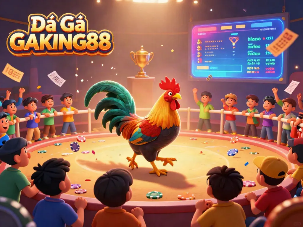 Experience intense action with Đá Gà GAKING88 in this vibrant cockfighting arena scene.