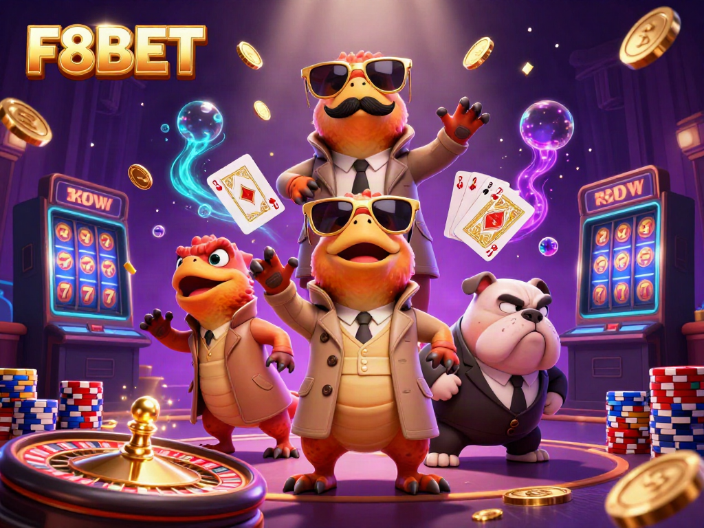 Experience F8BET with raptors in a trench coat hilariously attempting VIP entry at a glamorous casino.