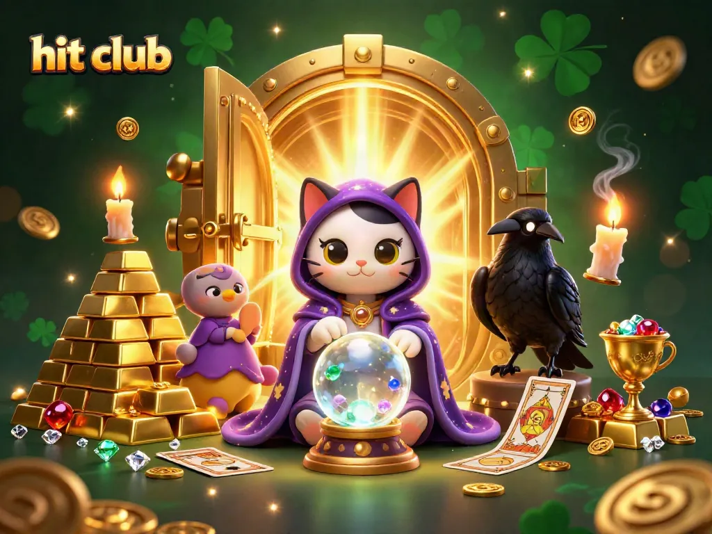 Witness the magic of hit club with a mystical cat, tarot raven, and enchanting treasures in a vibrant casino scene.