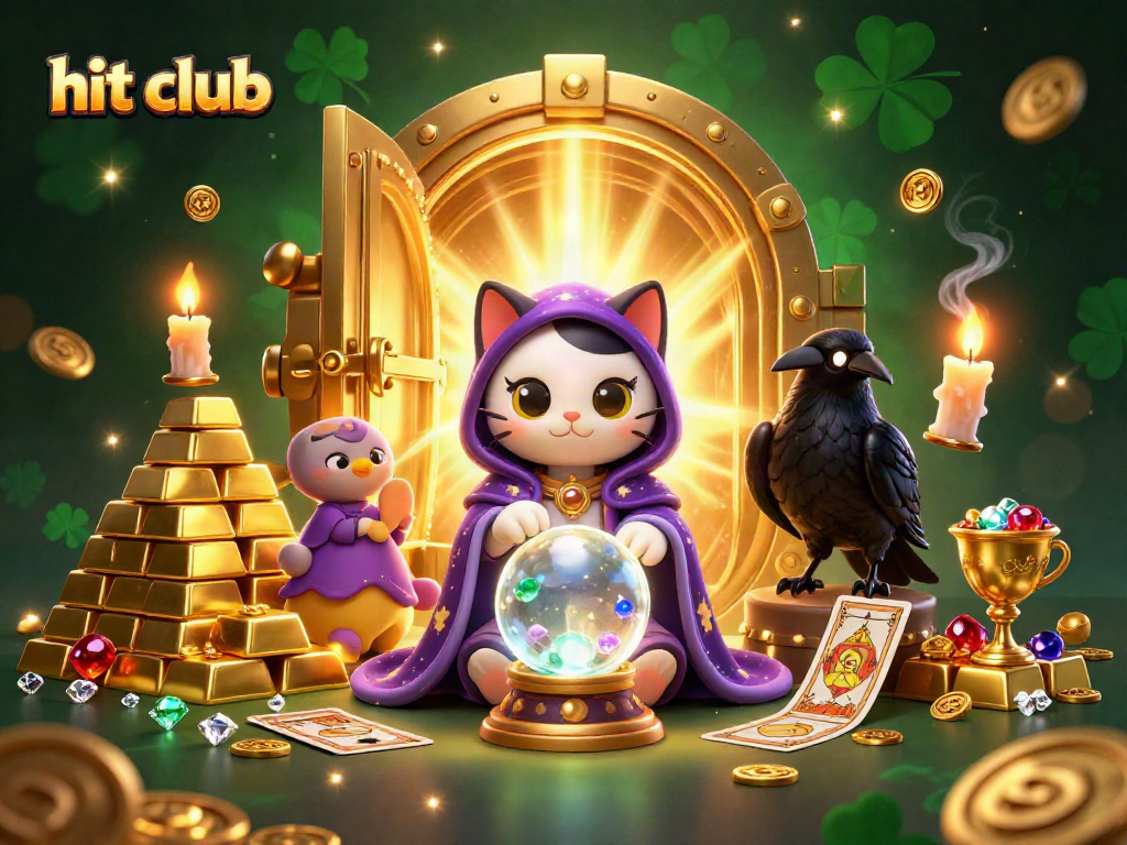 Witness the magic of hit club with a mystical cat, tarot raven, and enchanting treasures in a vibrant casino scene.