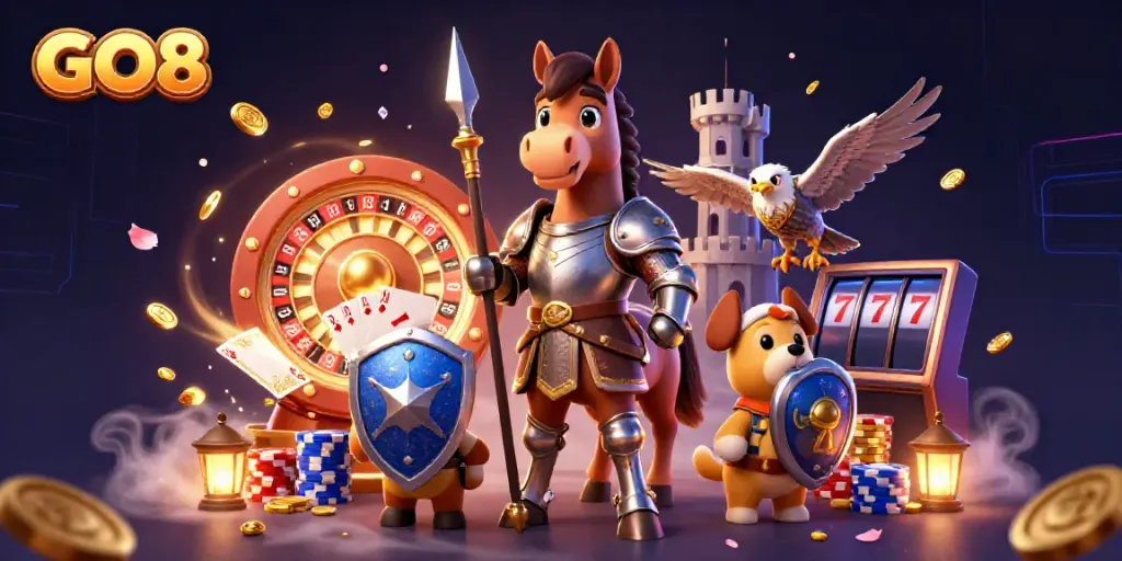 Engaging scene with GO8 branding featuring a knight and puppy in a vibrant casino environment.