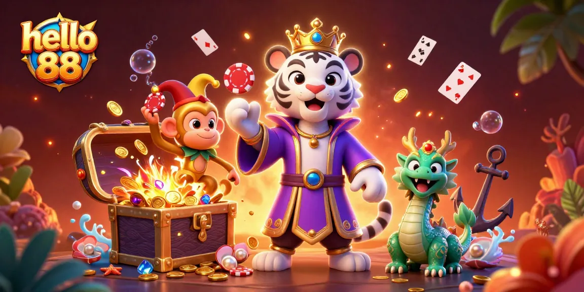 Experience thrilling wins at hello 88 with a lively casino scene featuring a tiger, monkey, and dragon.
