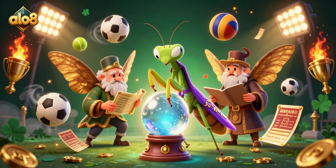 Engage in epic gaming at ALO8 with a captivating 3D illustration featuring fortune teller characters and dynamic sports elements.