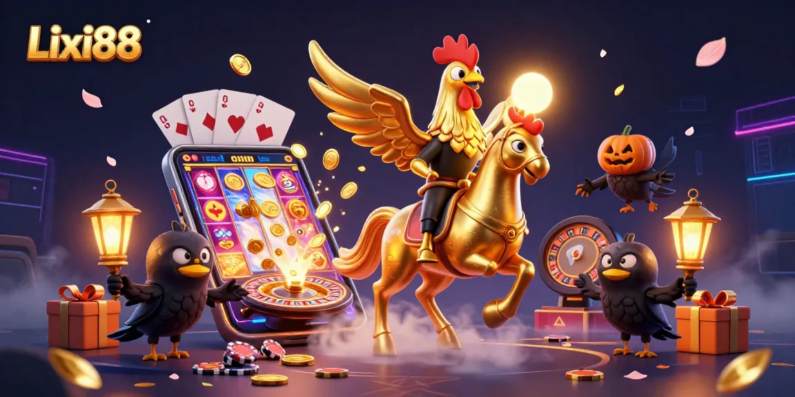 Lixi88 vibrant golden rooster character in a dazzling casino scene, showcasing interactive slot games and lively ambience.