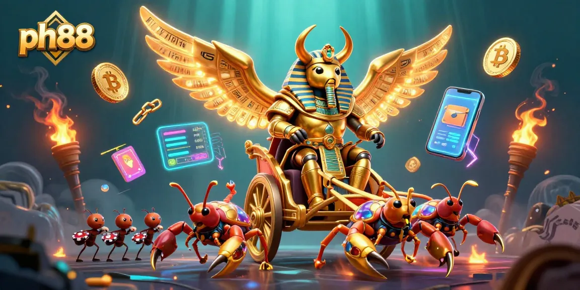 Engage with ph88's vibrant online gaming experience featuring golden characters, poker chips, and crypto coins.
