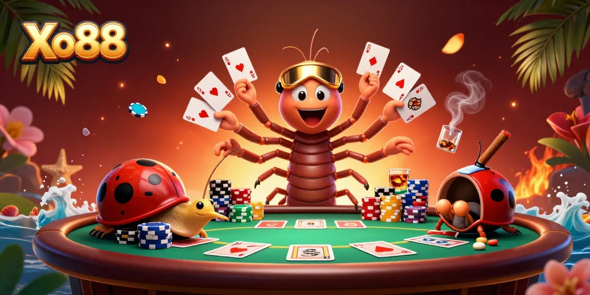 Xo88 showcases an exciting cartoon poker scene with a millipede dealer and colorful chips.