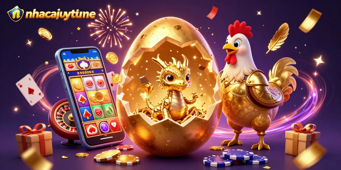 Play exciting slot games with nhacaiuytinne as a golden dragon emerges from a jackpot egg.