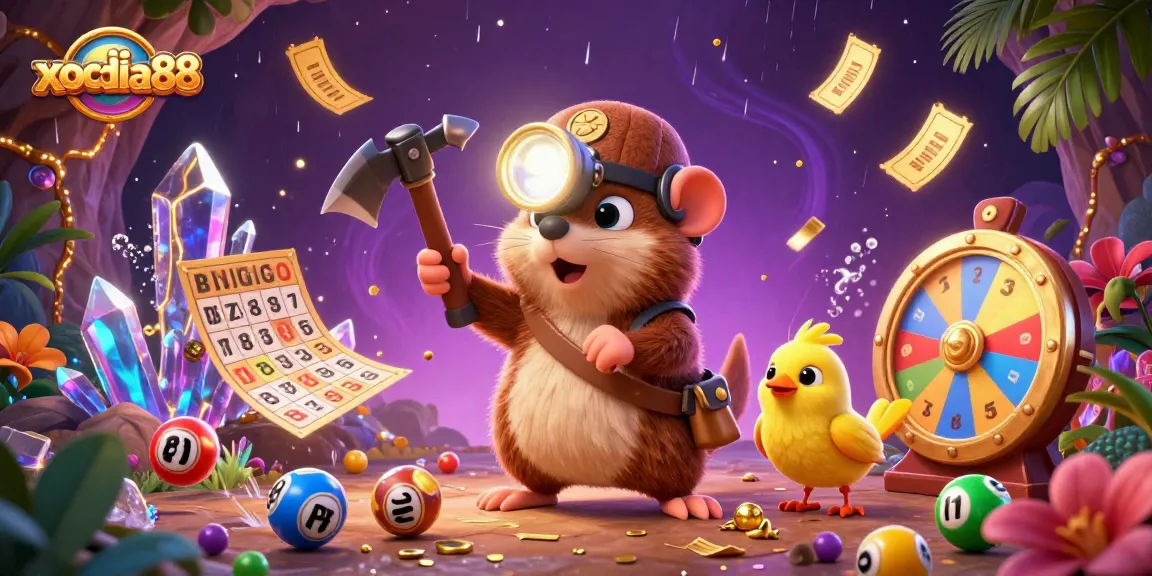 A vibrant scene depicting xocdia88's engaging gaming atmosphere with a treasure hunter mole, colorful lottery balls, and a lively prize wheel.