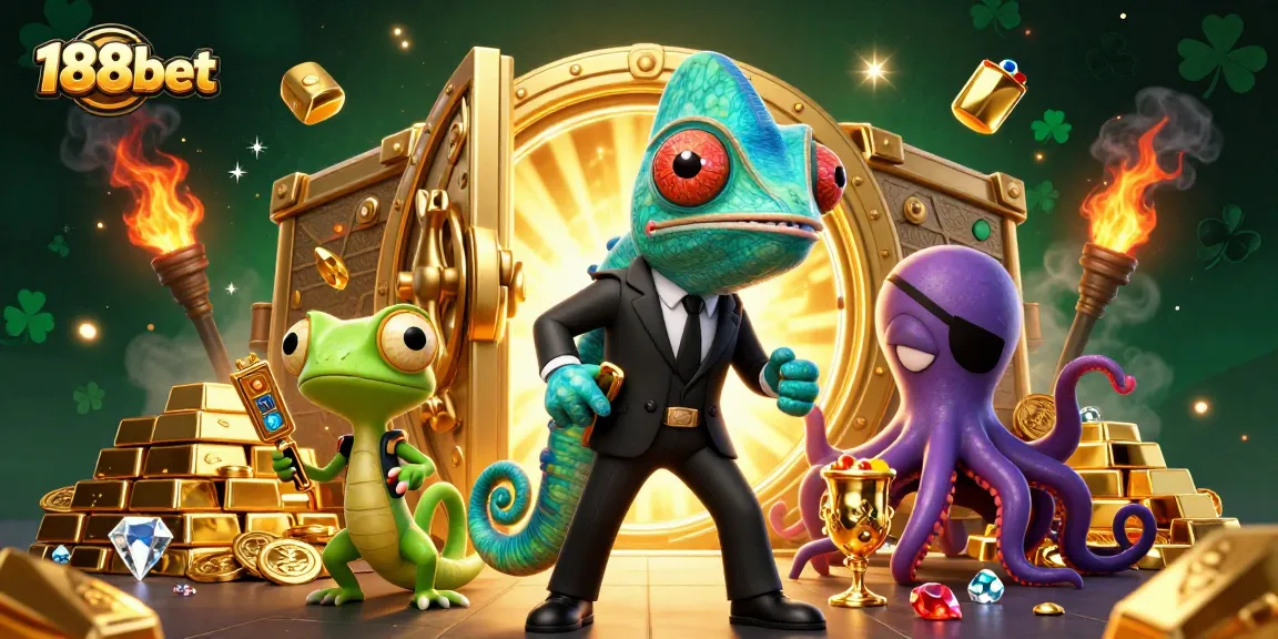 Experience excitement with 188bet's thrilling casino games featuring vibrant characters and golden treasures.