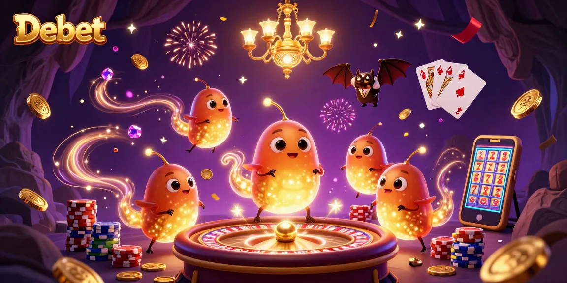 Experience the excitement of Debet with a lively casino scene filled with glowworms and vibrant game elements.