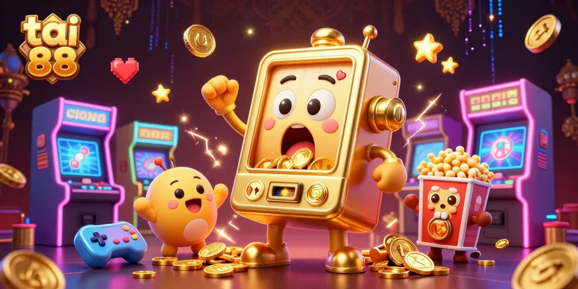 Exciting gameplay on tai go 88 with a golden slot machine celebrating its jackpot, surrounded by arcade elements.