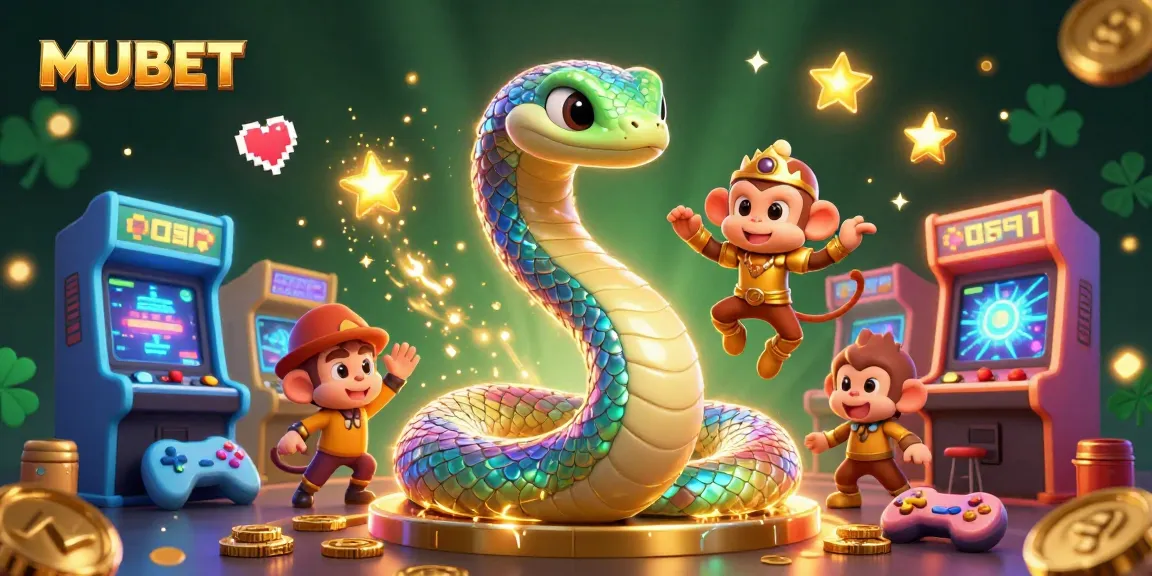 MUBET casino-themed illustration featuring a vibrant rainbow serpent, monkey king, and dynamic game elements.