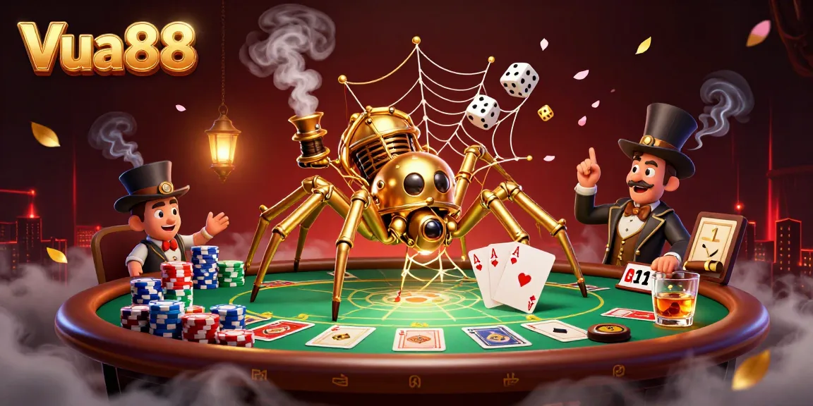 Experience thrilling gameplay with Vua88, where a whimsical spider captures dice amidst a vibrant casino scene.