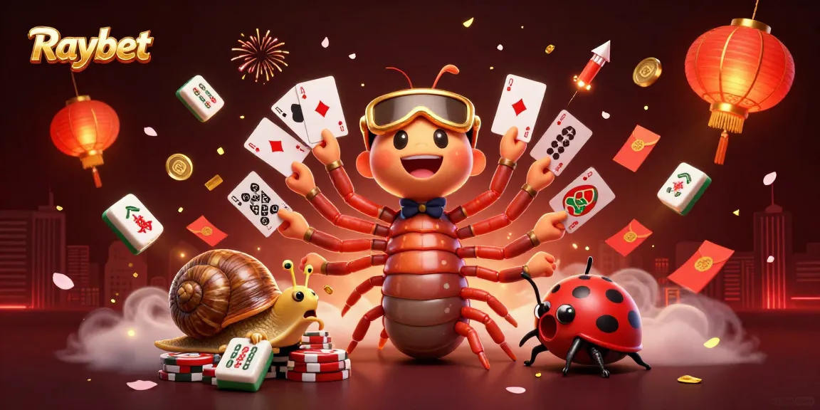 Raybet engages players with a 3D cartoon scene of a millipede dealer, snail high-roller, and pill bug, set in a vibrant casino.