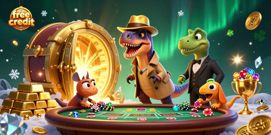 Win free credit at a vibrant casino scene with cartoon dinosaurs engaging in playful antics.
