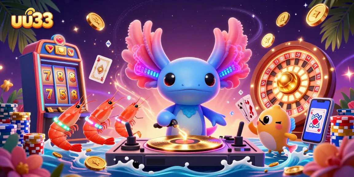 uu33 illustrates a vibrant casino scene with a neon axolotl DJ and a team of charming sea characters.