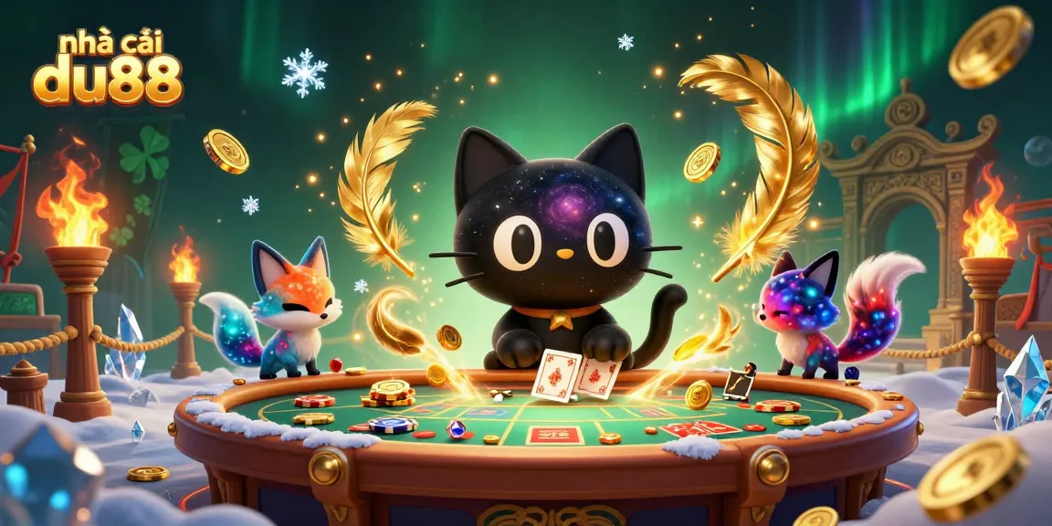 Engage with nhà cái du88's cosmic casino experience featuring a captivating black hole cat and nebula fox.