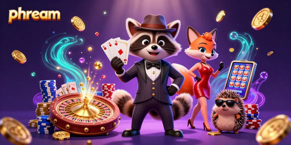 PHDREAM's engaging gaming scene showcasing a raccoon with a royal flush, a fox in a dazzling dress, and a hedgehog bouncer amidst exciting casino elements.