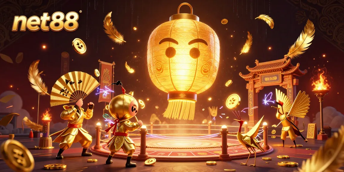 Engage with net88's vibrant casino atmosphere featuring a golden lantern spirit and warrior companions.