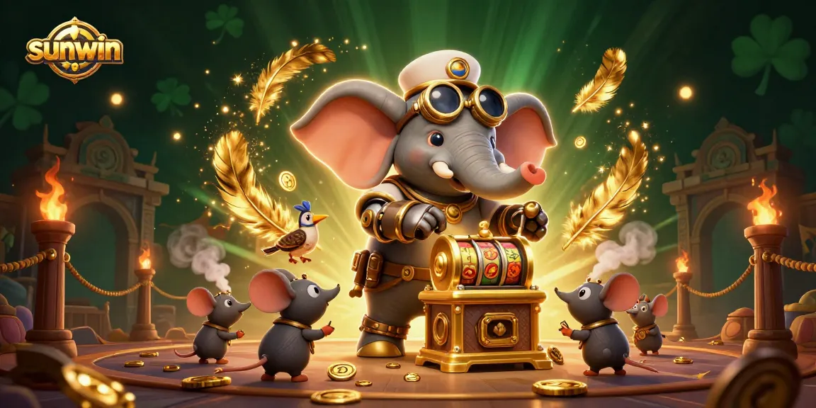 Win big at sunwin with a captivating steampunk elephant operating a golden slot machine.