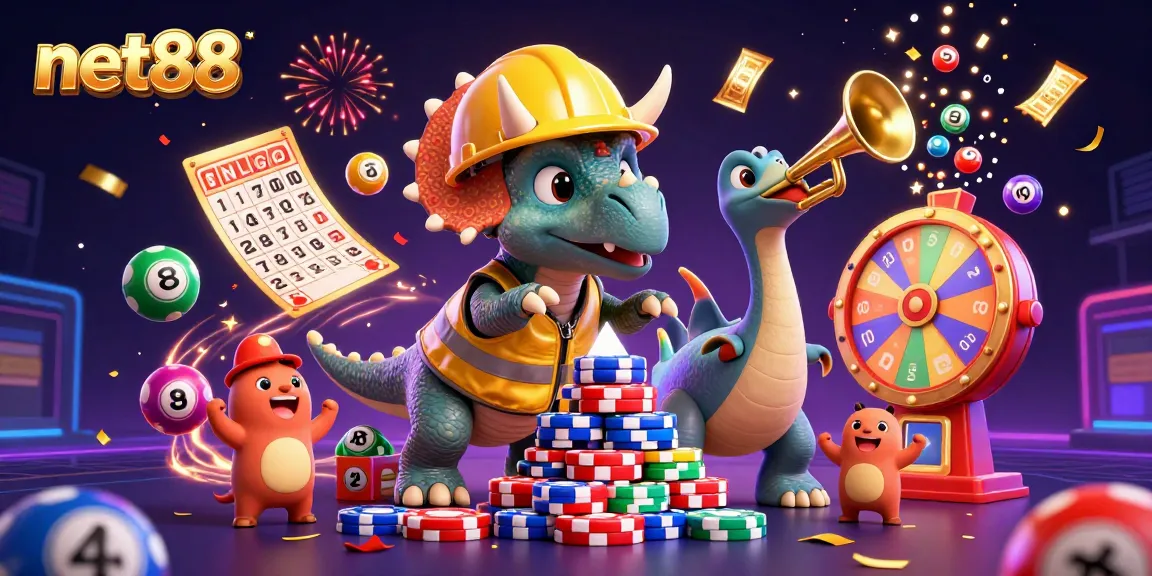 Cheerful scene showcasing net88 with a fun triceratops building poker chips amidst colorful lottery balls and bingo cards.