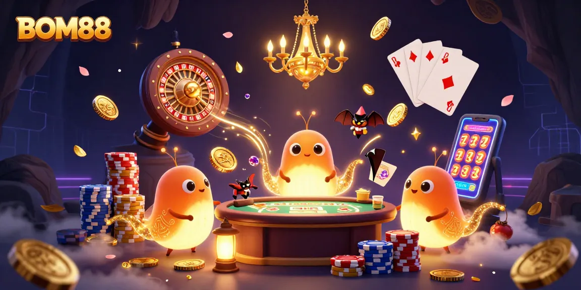BOM88 immersive 3D casino scene featuring glowworms and a bat dealer amid sparkling coins and cards.