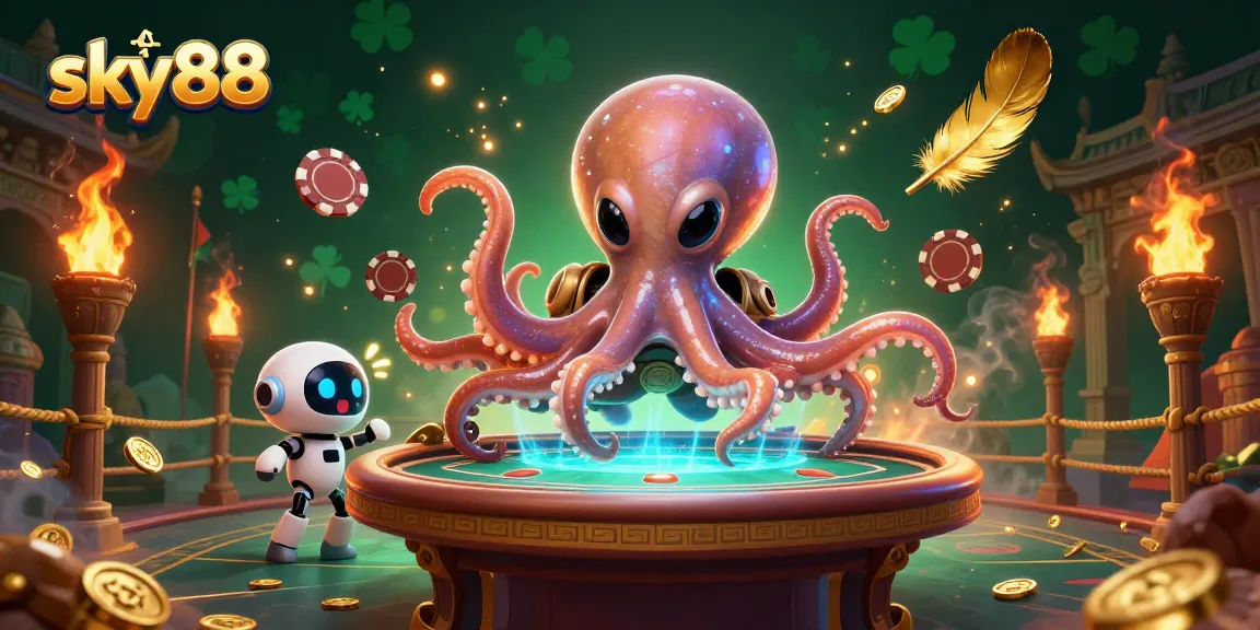 Experience thrilling poker action at tại sky88 with an alien octopus and vibrant game elements.