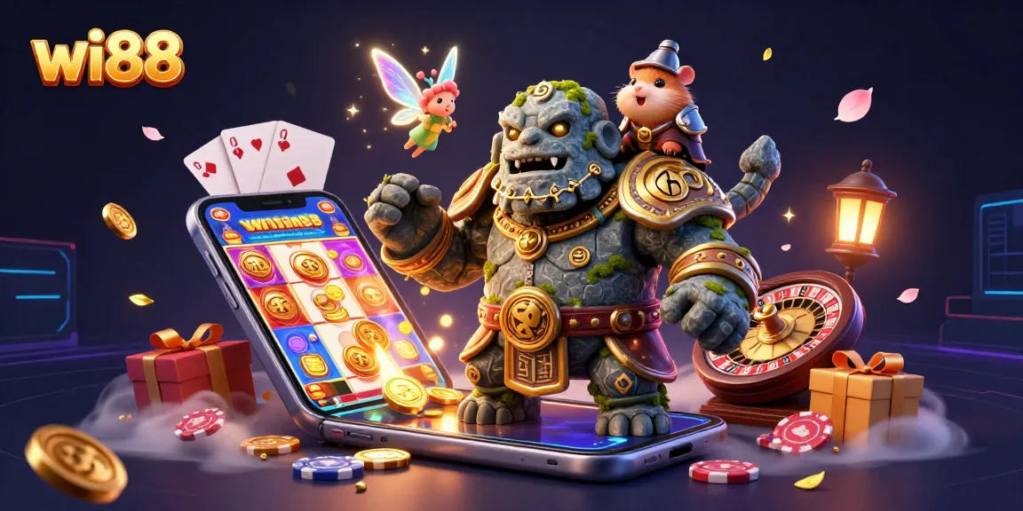 Experience the magic of wi88 with a whimsical 3D scene featuring a golem, fairy, and hamster knight amidst vibrant casino elements.