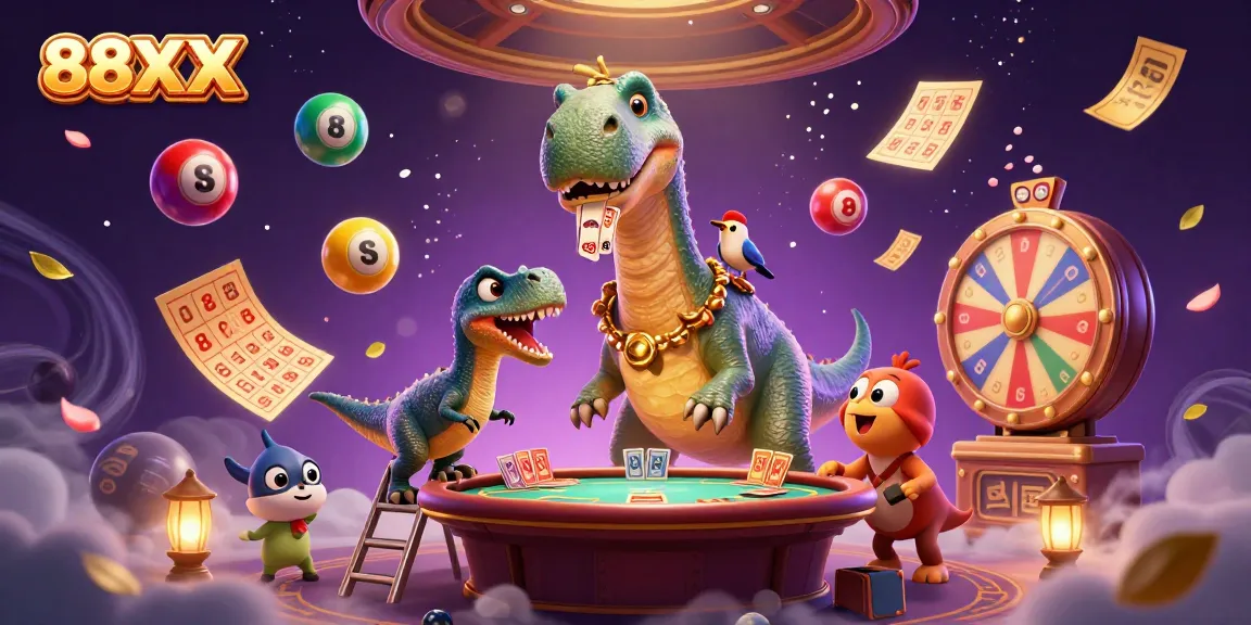 Join the excitement at 88XX as a giant brontosaurus watches a clever raptor deal cards in a vibrant casino scene!
