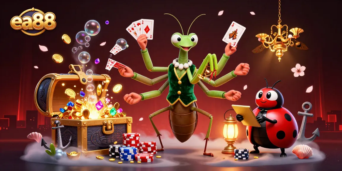 Experience thrilling gaming action with ea88's giant mantis dealer in vibrant casino undersea.
