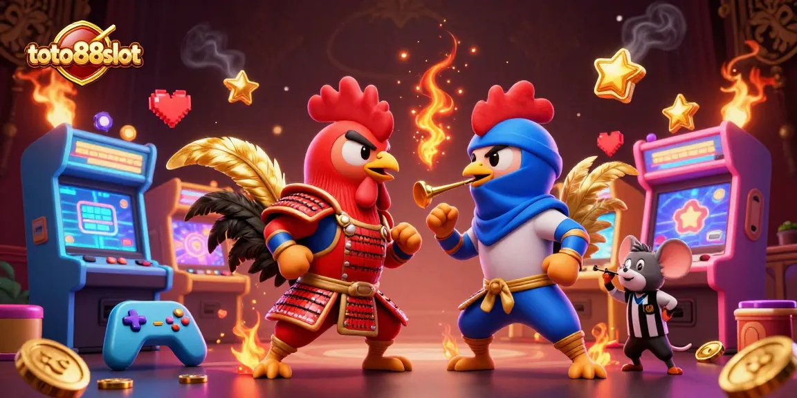 Engage with thrilling action at TOTO88SLOT featuring fighting roosters in a dynamic gambling scene.