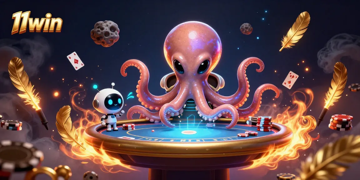 Engage in exciting poker games at 11win with a vibrant cartoon alien octopus illustration.